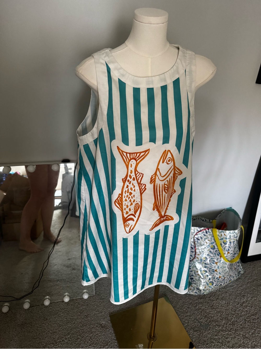 Striped Teal and White Dress with Orange Fish Motif